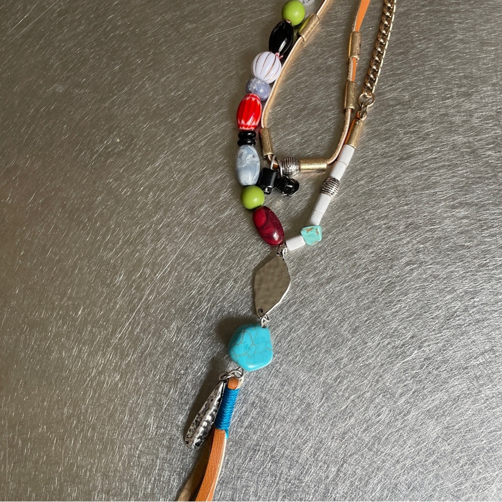 Colorful Beaded Lariat Layered Necklace with Turquoise & Silver Charms - Picture 8 of 16